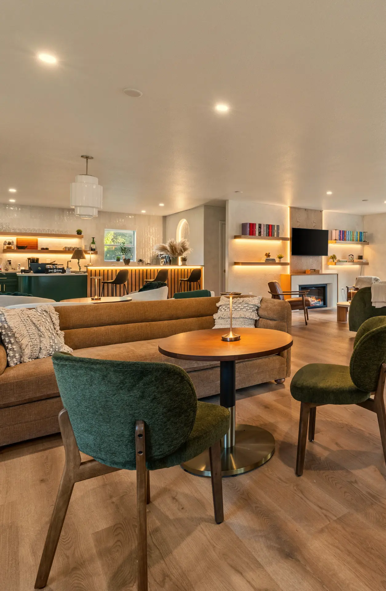Lounge seating and bar with warm evening light