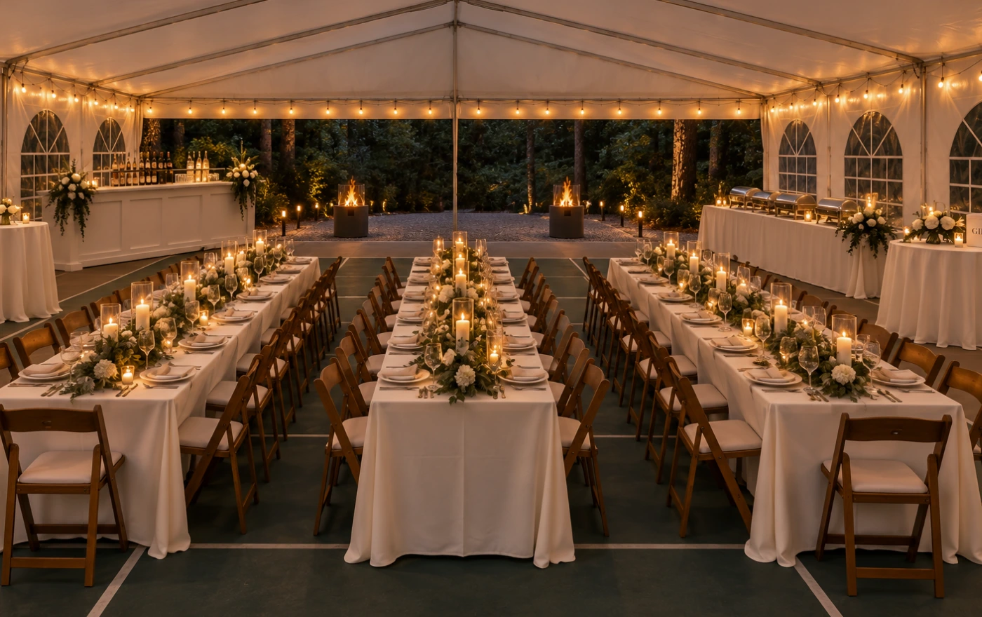 Candlelit reception tables inside the tent at Forest Springs