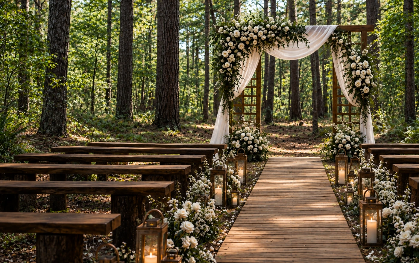 Woodland ceremony aisle with wooden benches, lanterns, and a flowered arbor at Forest Springs
