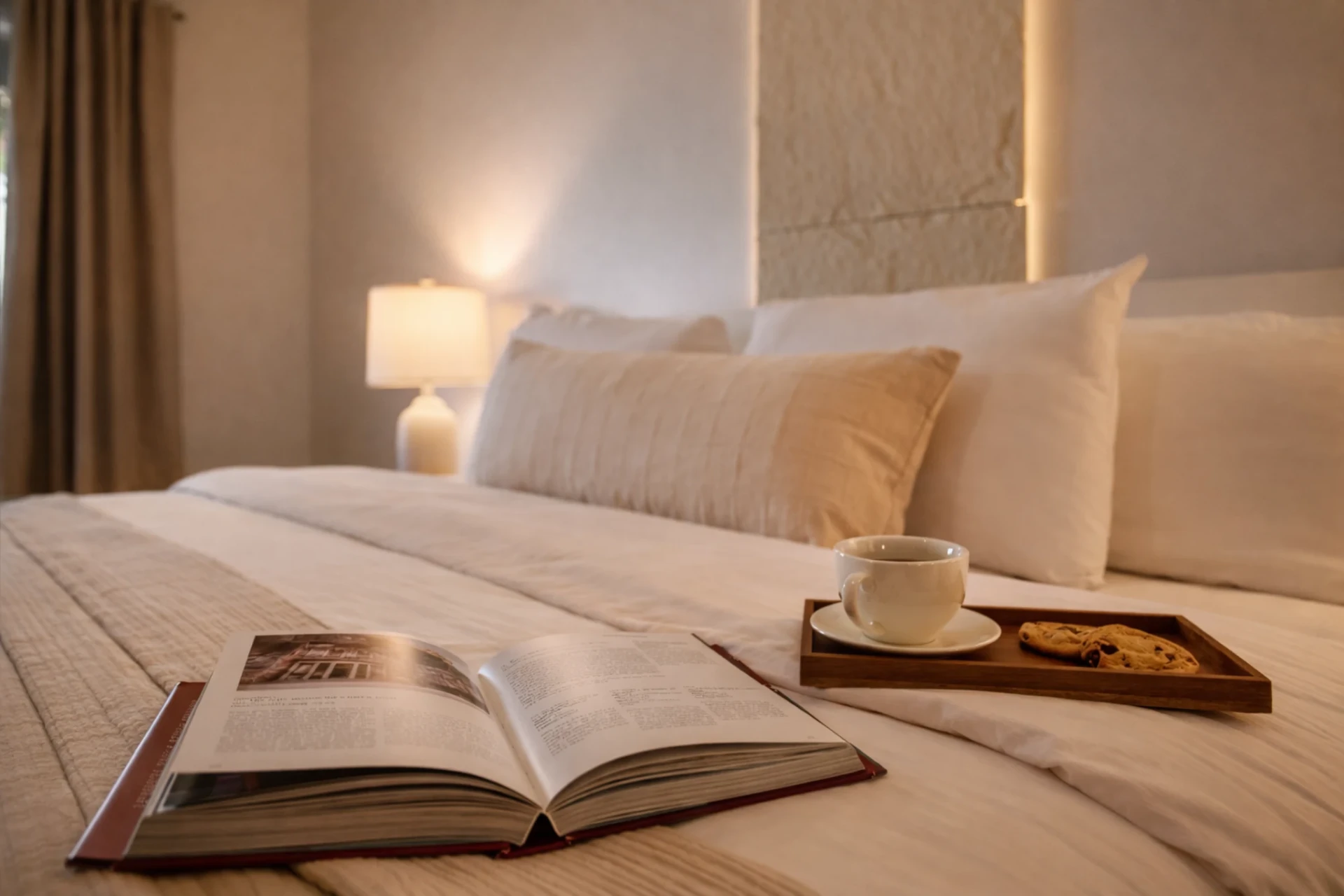 Coffee and a book on the bed in the courtyard-view room