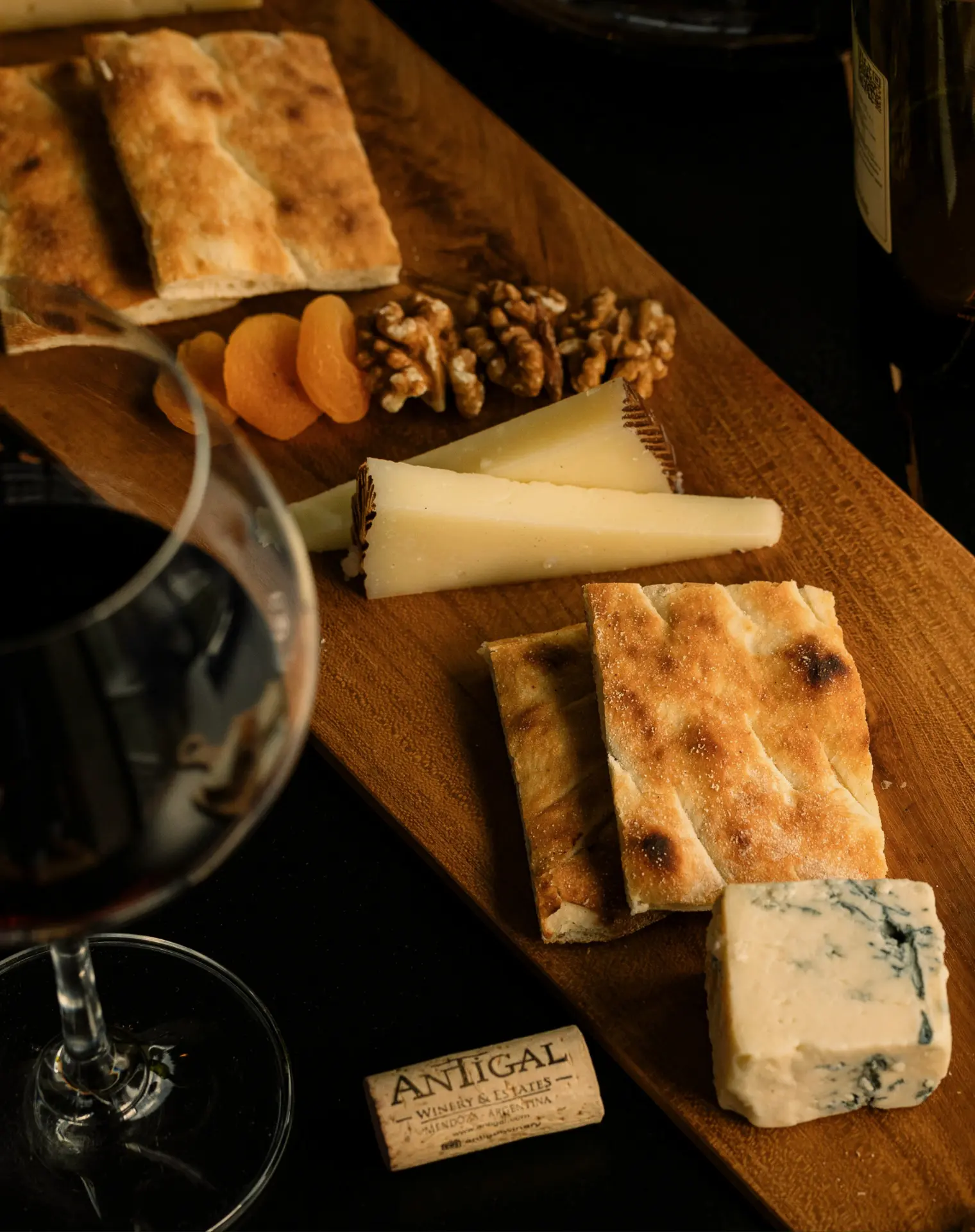 Cheese board and a glass of red wine