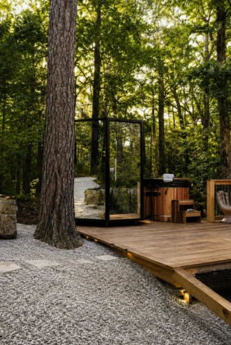 Sauna and cold plunge on the forest deck at The Springs Spa