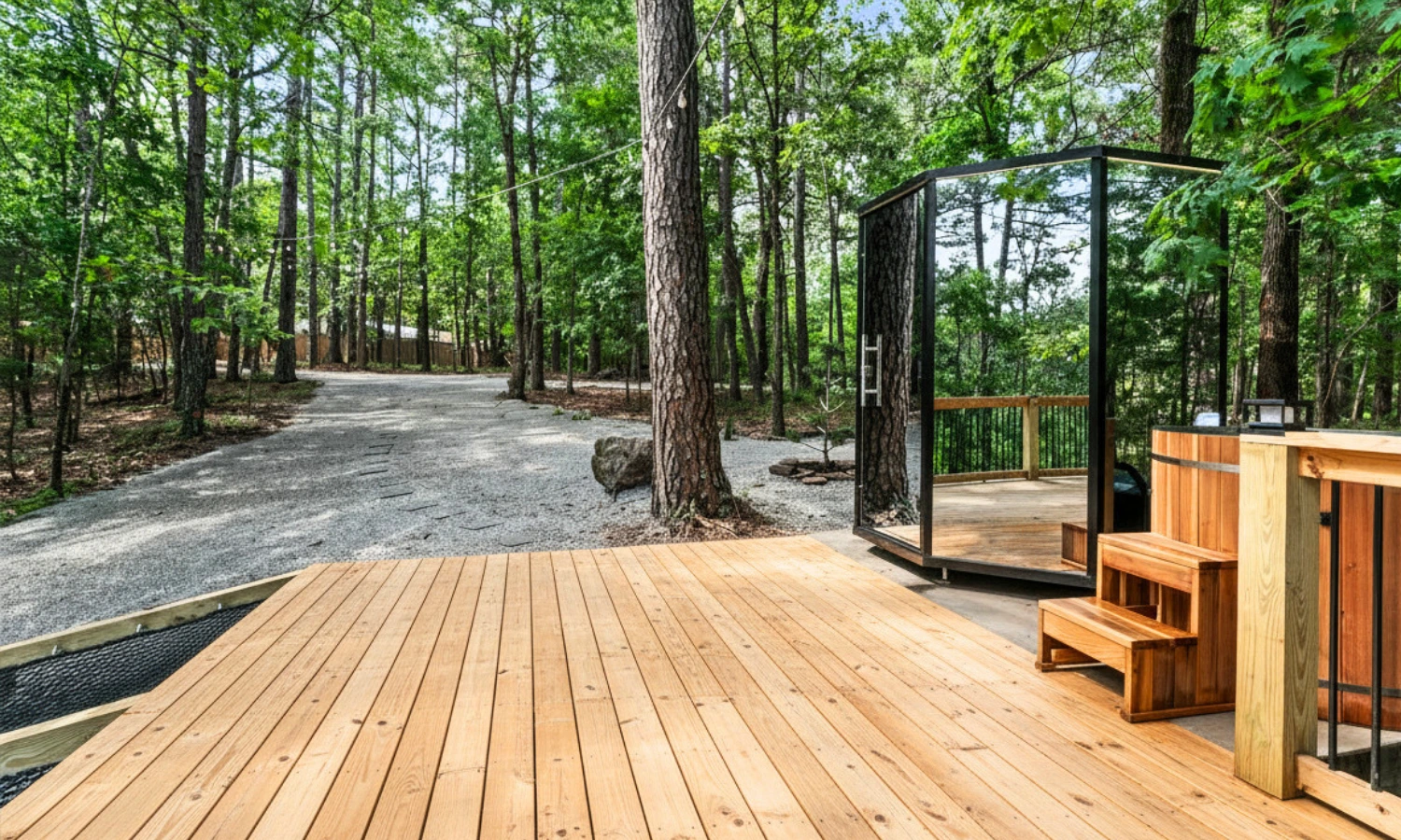 Sauna and cold plunge deck nestled in the Ozark forest at Forest Springs Resort