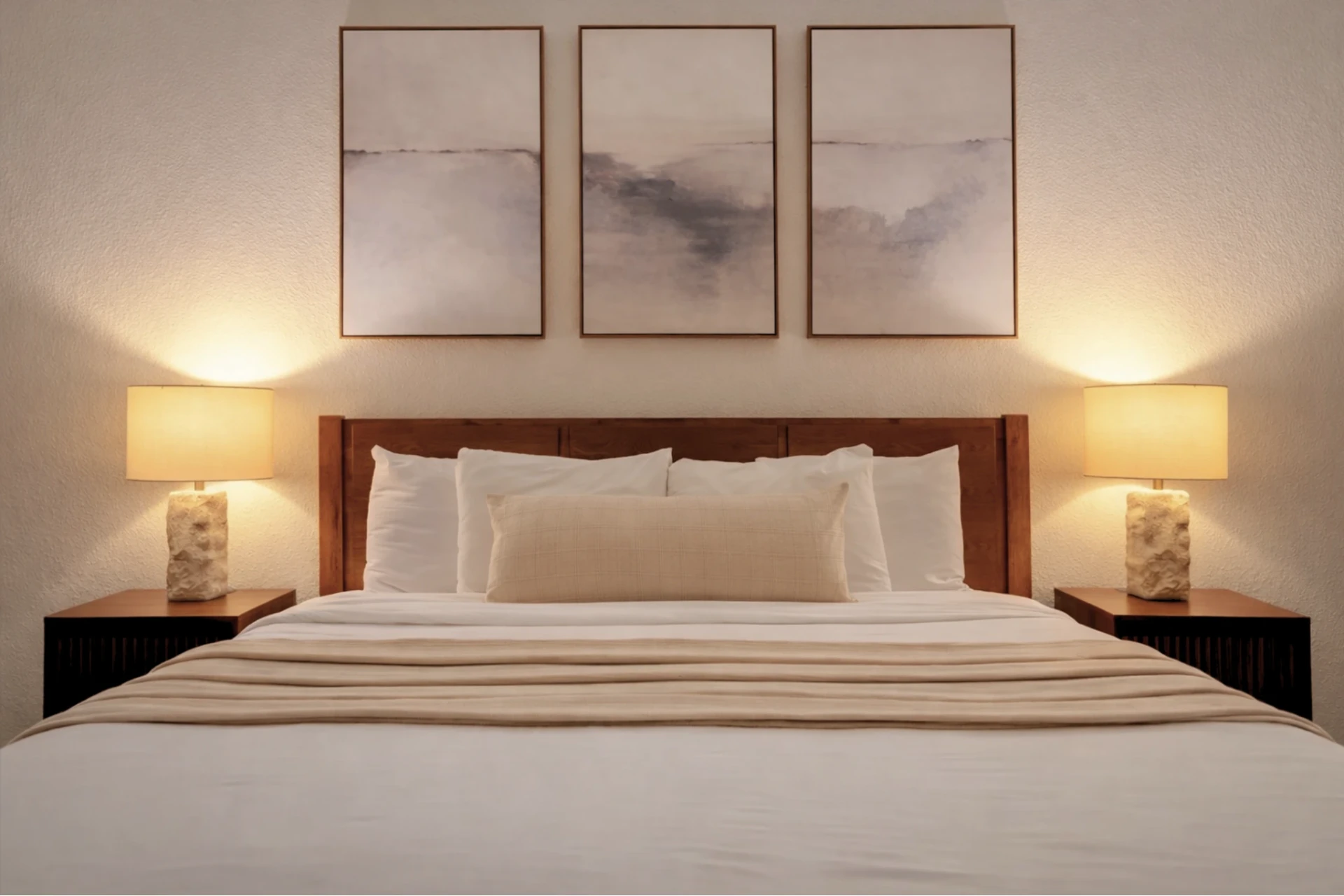 King bed with triptych artwork and warm bedside lamps