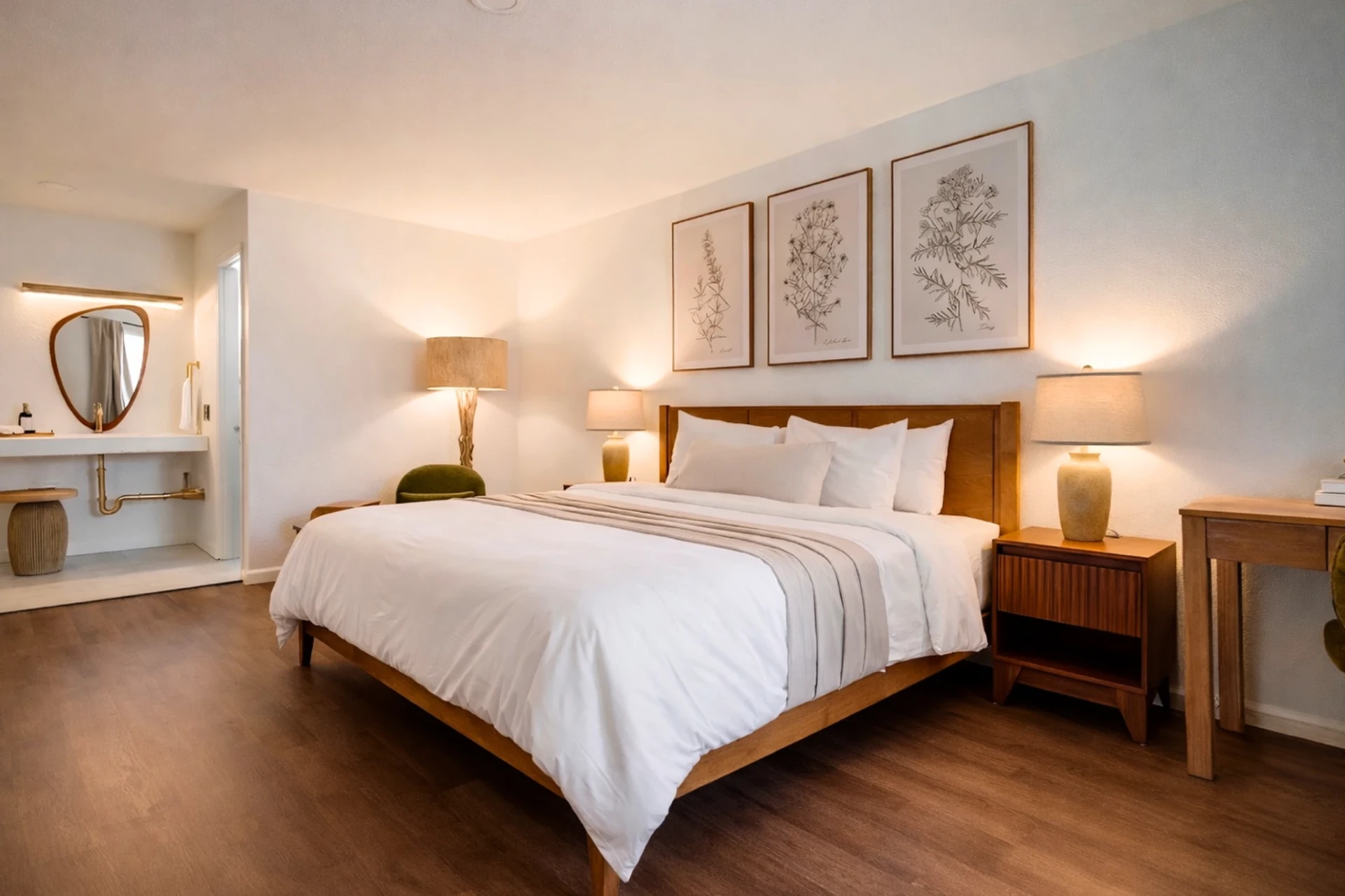 King bed with botanical prints and warm bedside lamps