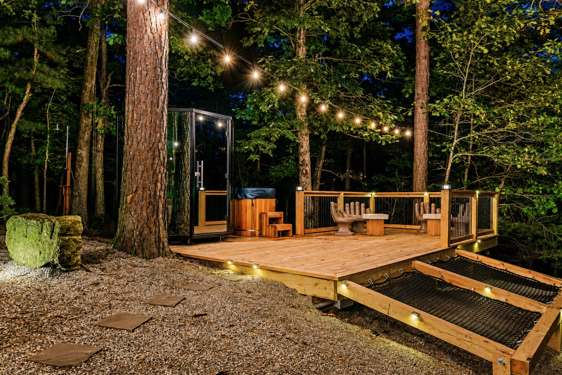 Nordic sauna and forest deck at Forest Springs Resort, a boutique wellness resort in the Arkansas Ozarks