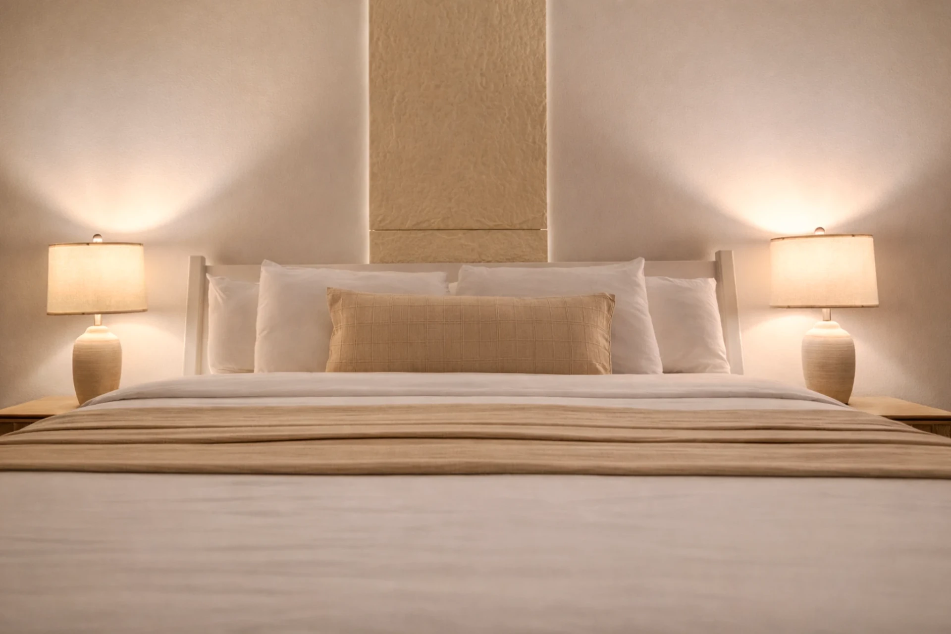 King bed with warm bedside lamps in the courtyard-view room