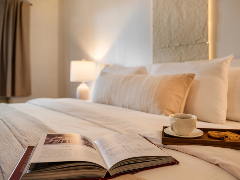 Bed and desk detail in a Forest Springs room