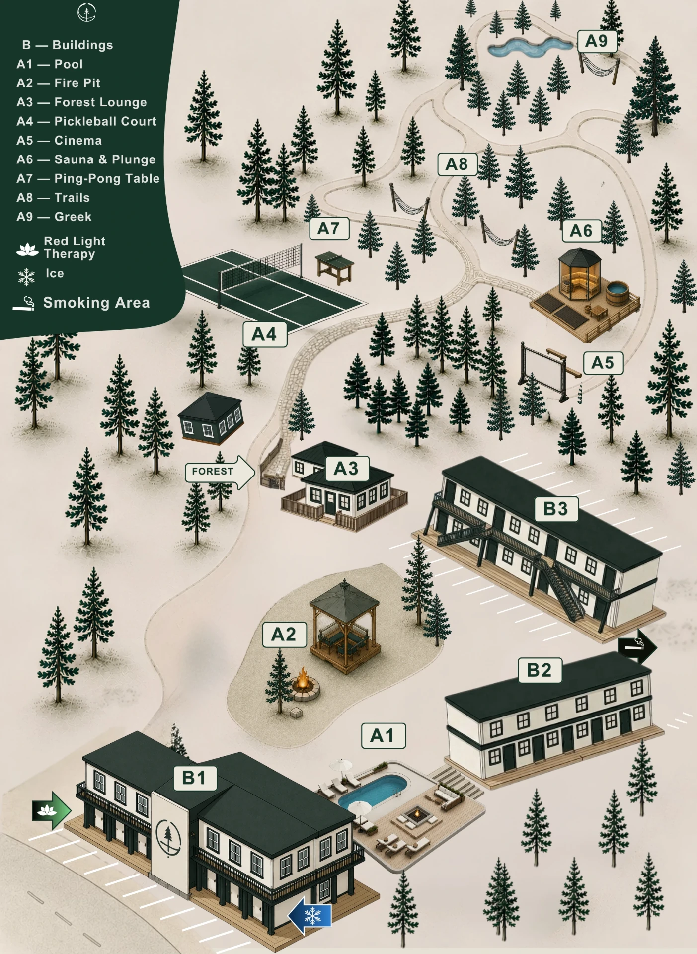 Illustrated property map of Forest Springs Resort in Eureka Springs, Arkansas