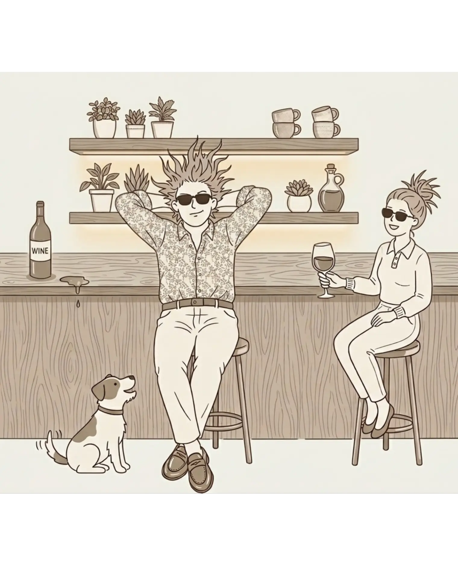 Illustration of guests at the Forest Lounge bar with a dog