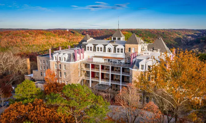 Aerial view of the Crescent Hotel in fall