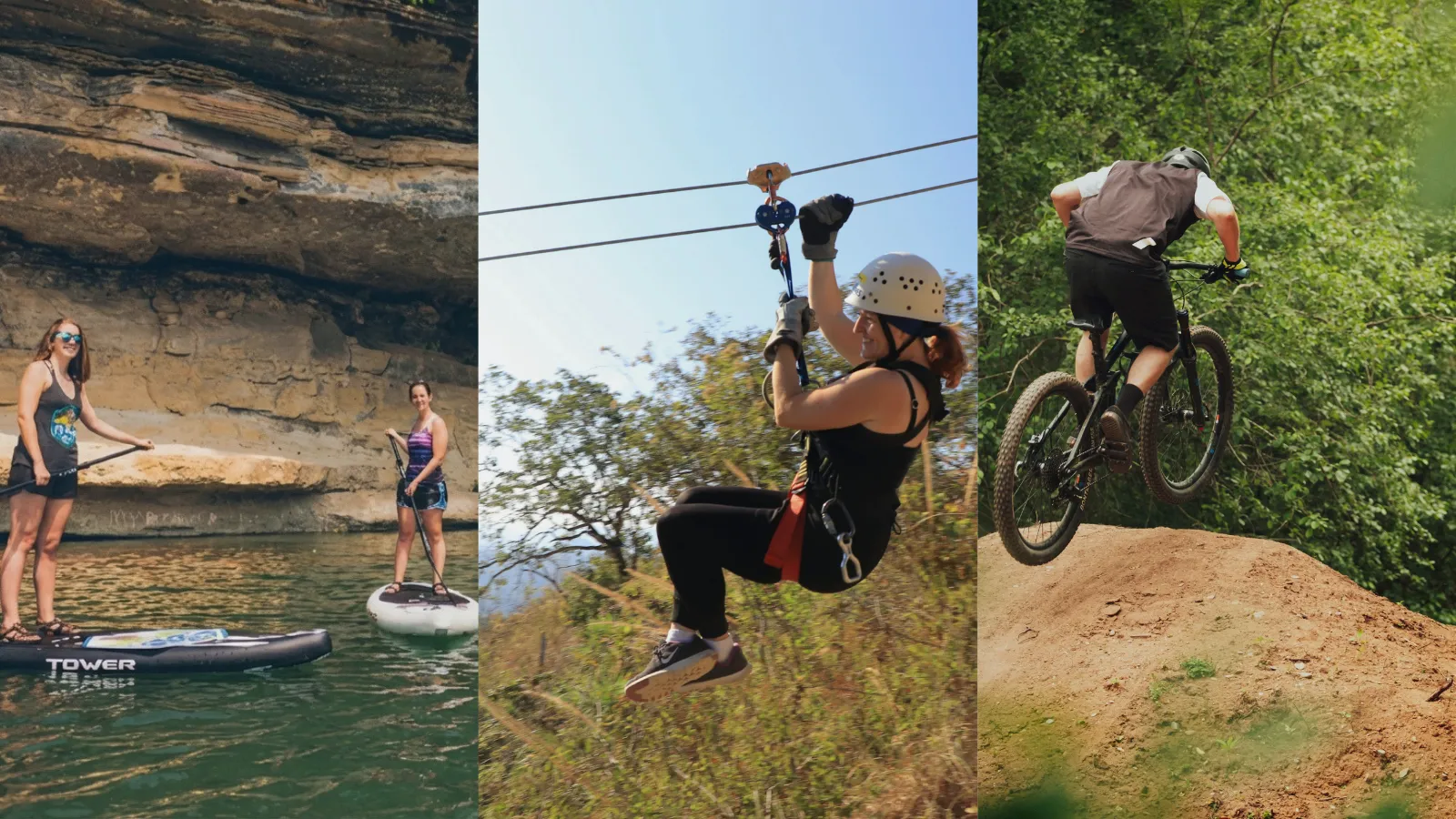 Outdoor adventures around Eureka Springs, paddleboarding, ziplining, and mountain biking in the Ozarks near Forest Springs Resort