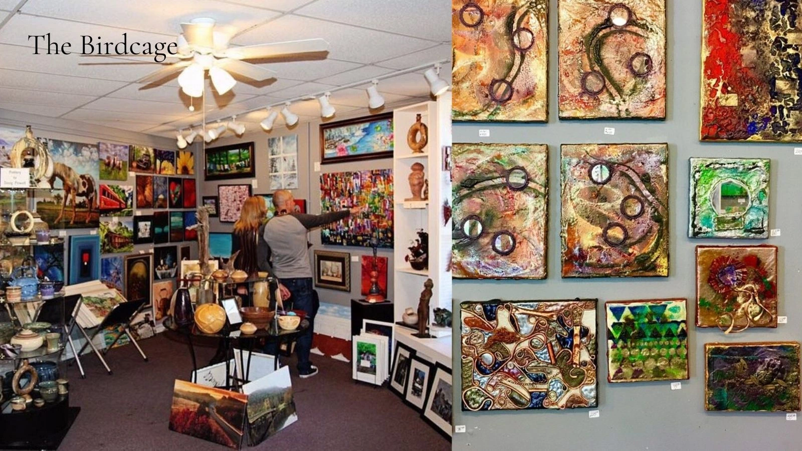 The Birdcage gallery interior and mixed media art in Eureka Springs