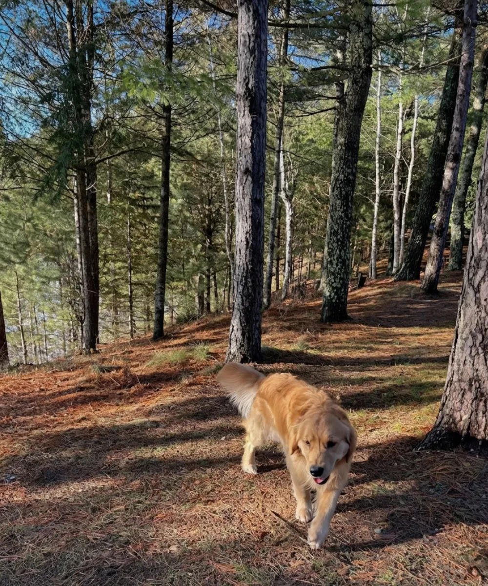 Golden retriever walking through forest trails
