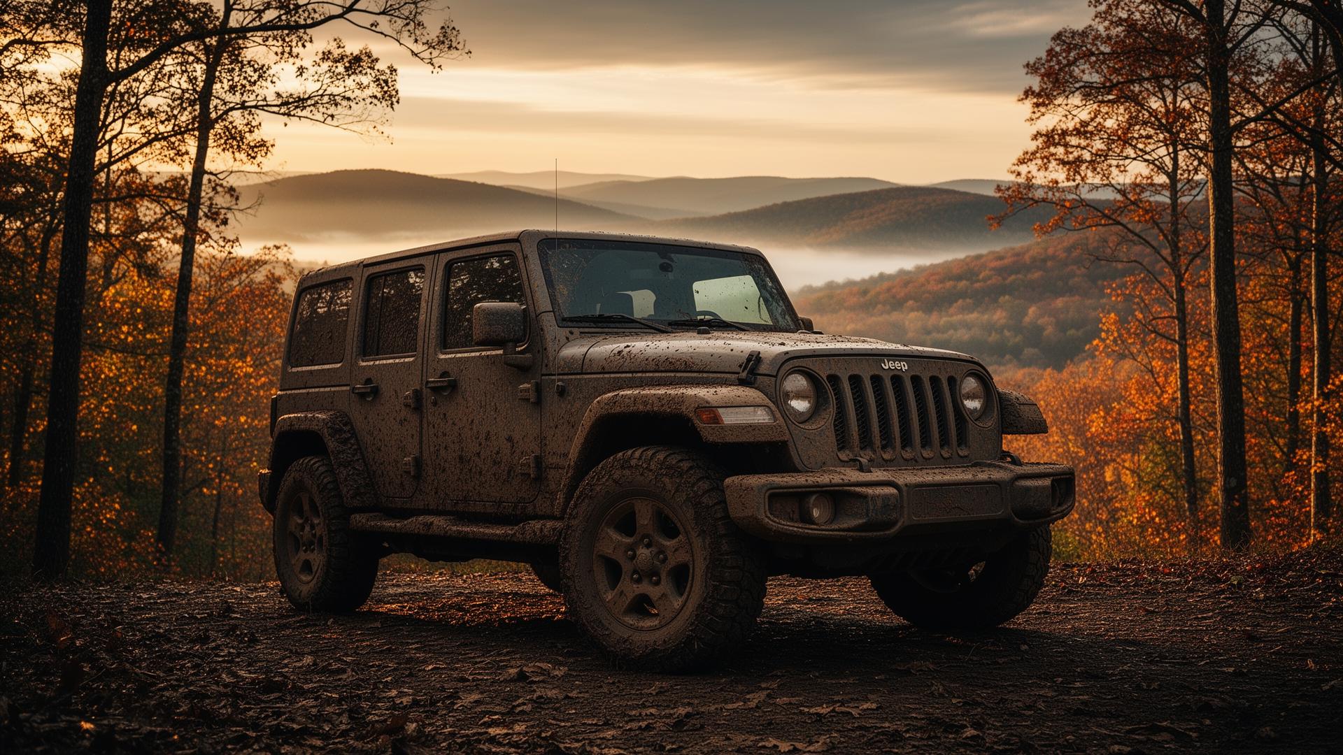 Mud-covered Jeep Wrangler parked at an Ozark mountain overlook during autumn at golden hour