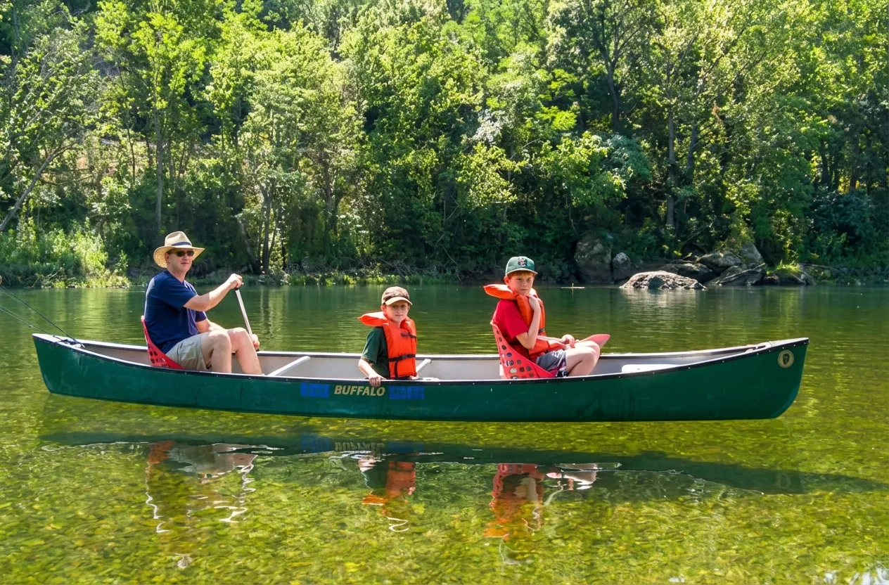 Family canoeing on crystal-clear Ozark waters