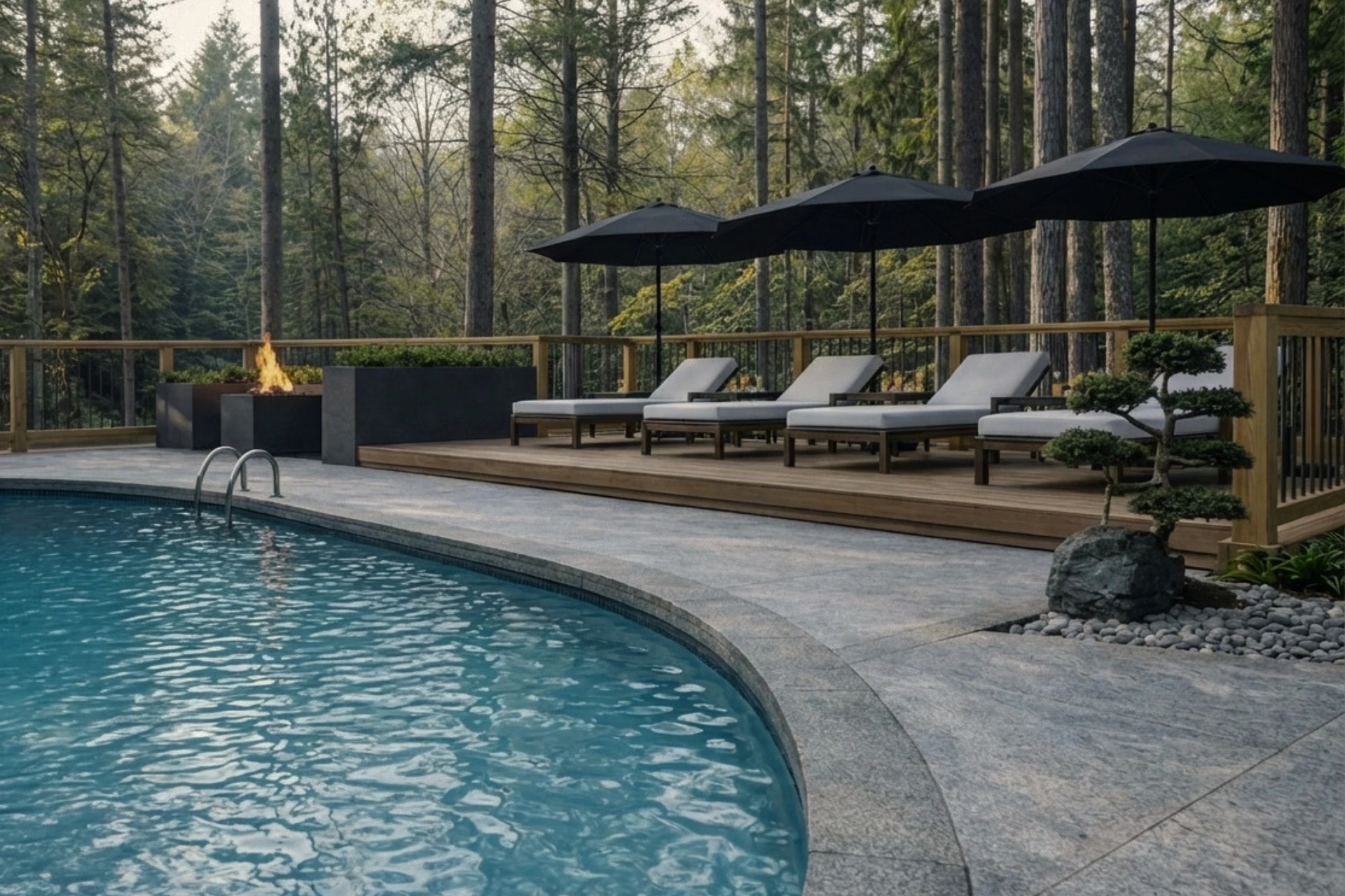 Pool deck surrounded by forest