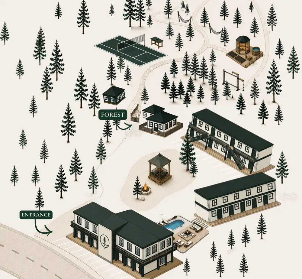 Illustrated map of Forest Springs Resort showing the property layout, rooms, pool, sauna, cold plunge, pickleball court, fire pit, and forest trails