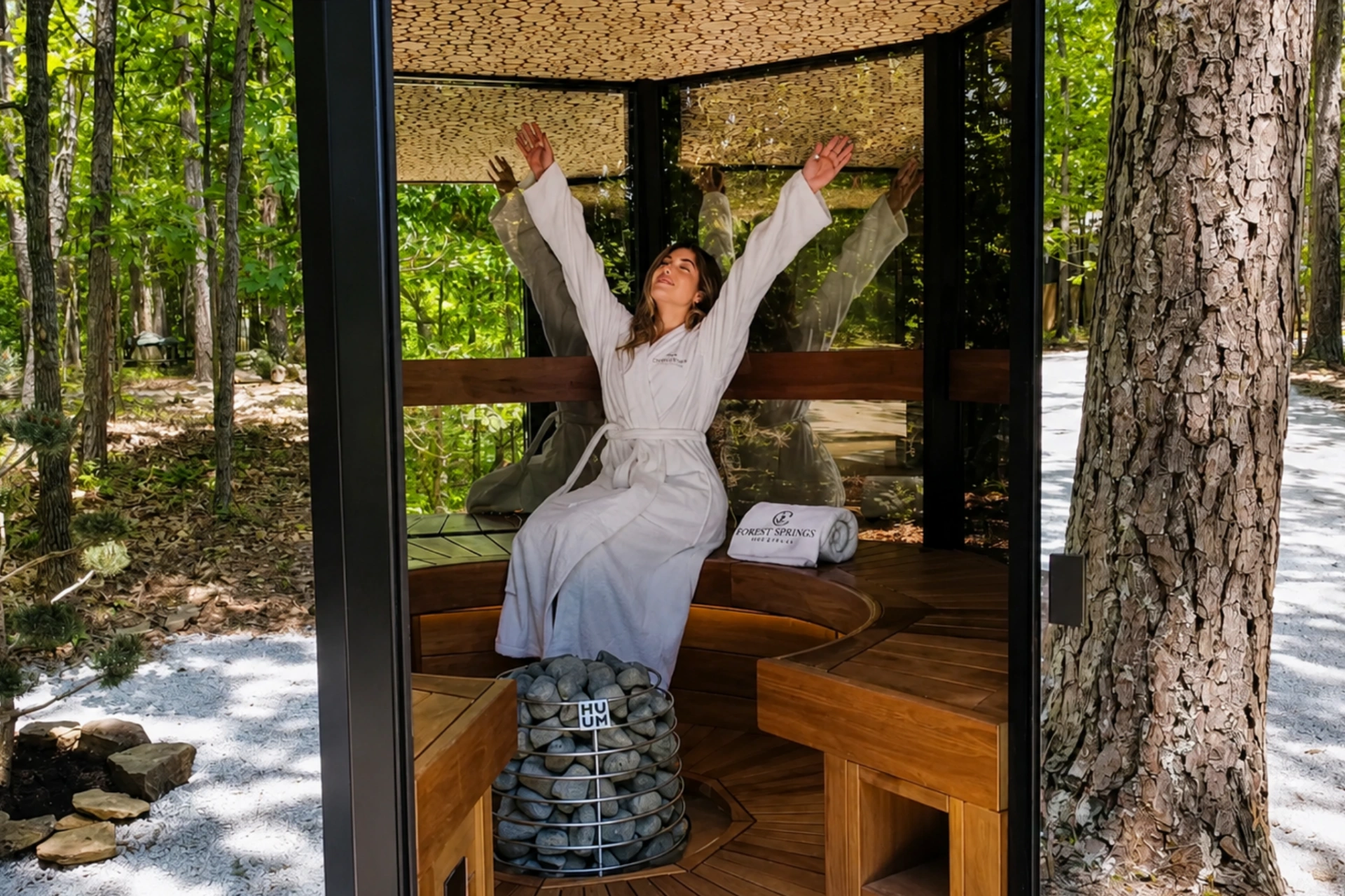 Couple relaxing in sauna at Forest Springs Resort