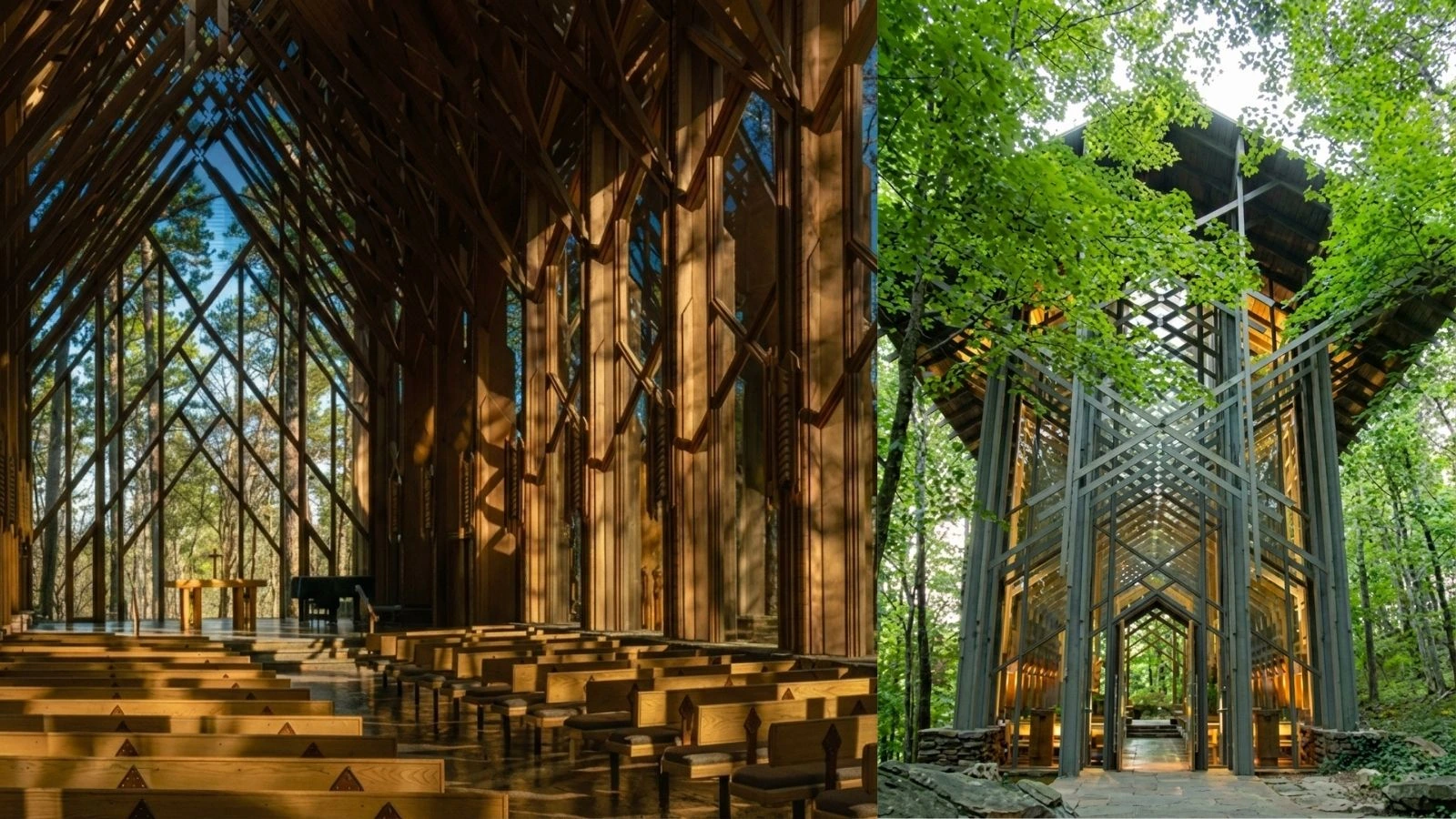 Thorncrown Chapel interior pews bathed in light and exterior among the trees