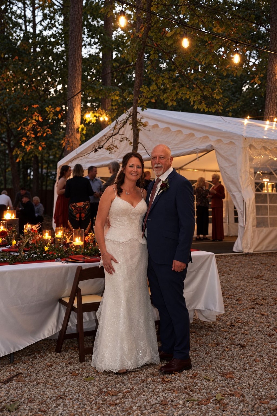 Newlyweds under the string lights at their Forest Springs wedding